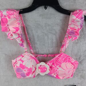 No Boundries Women/Juniors Pink & White Bikini Top Floral Sz S (3-5) Ruffles